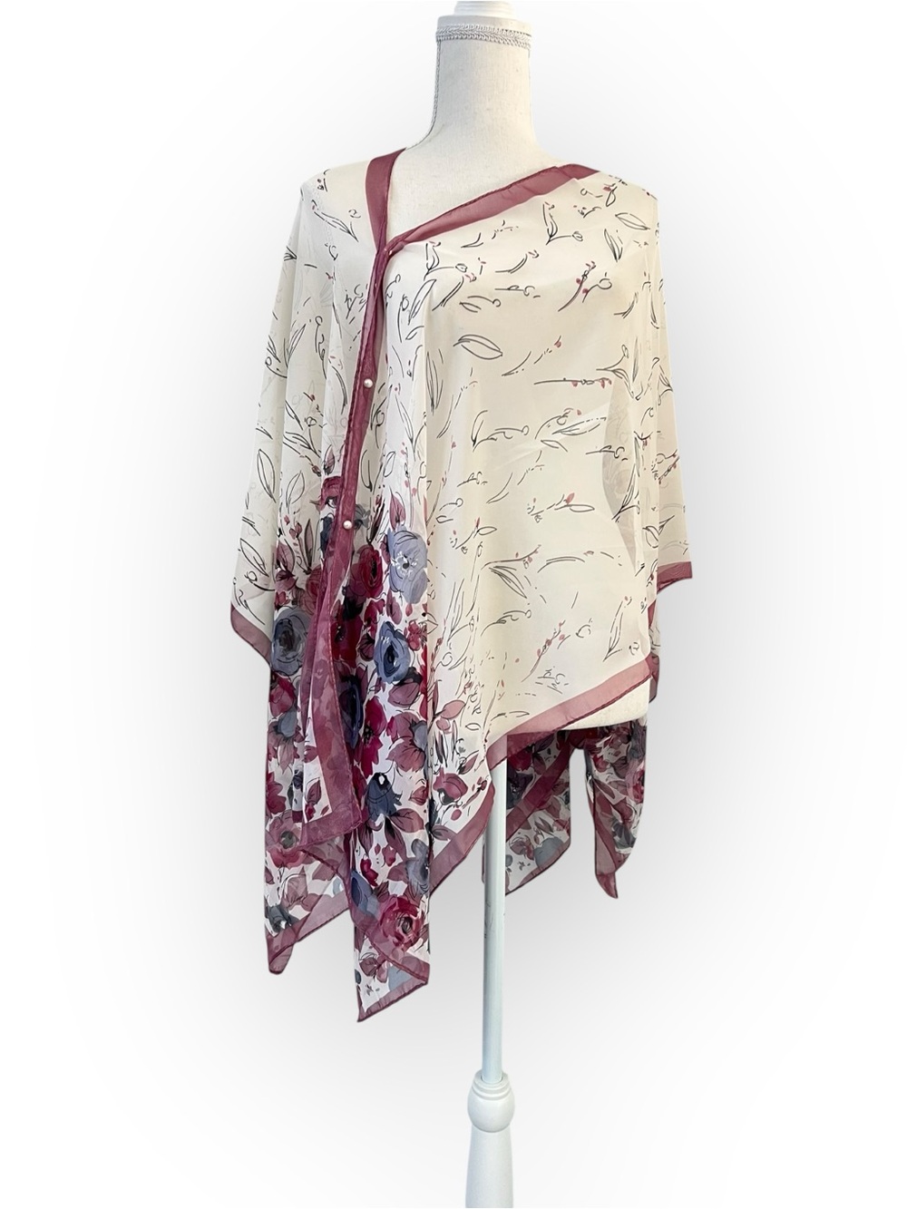 Mauve Purple Cream Cottagecore Floral Convertible Scarf Wrap Kimono NWT